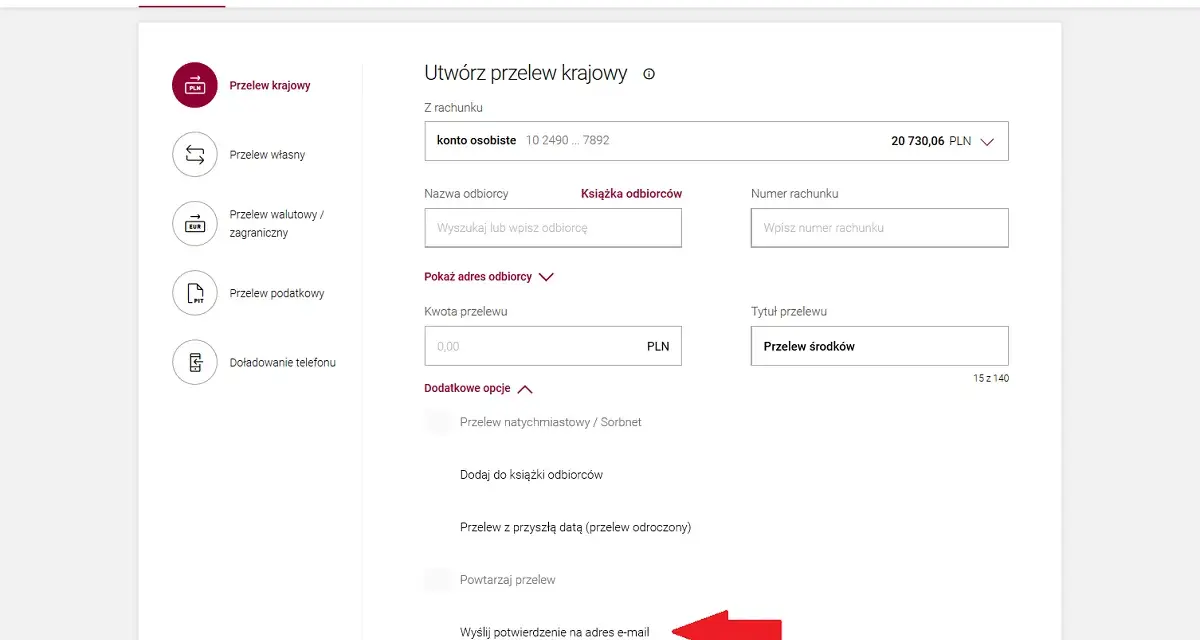 Formularz tworzenia przelewu krajowego. Możliwość wysłania potwierdzenia na e-mail, co jest kluczowe dla dokumentowania transakcji jako dowód wpłaty.