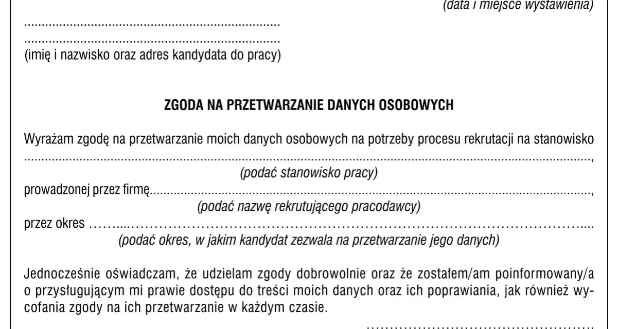 Formularz zgody na przetwarzanie danych osobowych w procesie rekrutacji. Kandydat wyraża zgodę na przetwarzanie danych na potrzeby pracy.