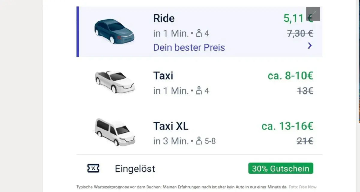 Free Now Fahrgast: Ride ab 5,11€, Taxi ab 8-10€. Die App bietet Gutscheine, aber die Bewertung ist gemischt.