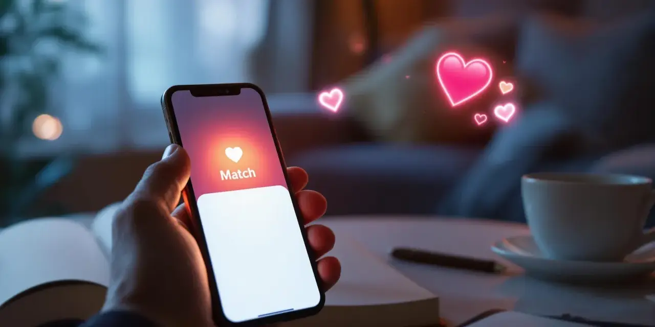 Dłoń trzyma smartfon z ekranem aplikacji randkowej, gdzie widnieje napis "Match" i serduszka. To inspiracja, jak zacząć na Tinderze.
