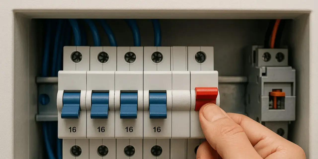Ręka włącza bezpiecznik w skrzynce elektrycznej. Wywaliło korki jak włączyć? Spokojnie, to proste.