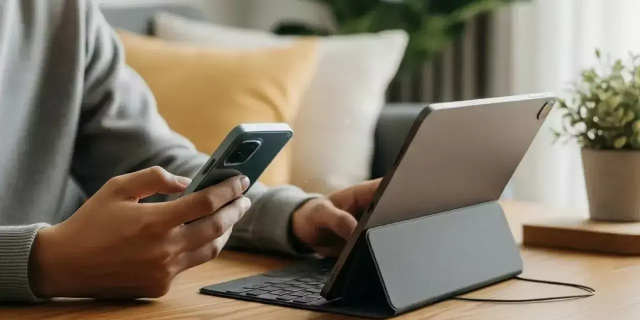 Person verbindet handy mit tablet, um effizient zu arbeiten.