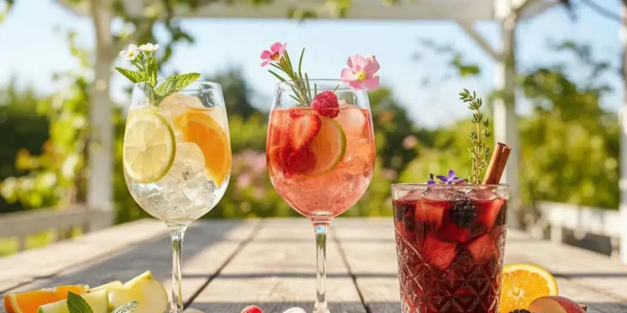 Tre färgglada sangriadrycker med frukt och örter på ett träbord utomhus. Perfekt för ett somrigt sangria recept.