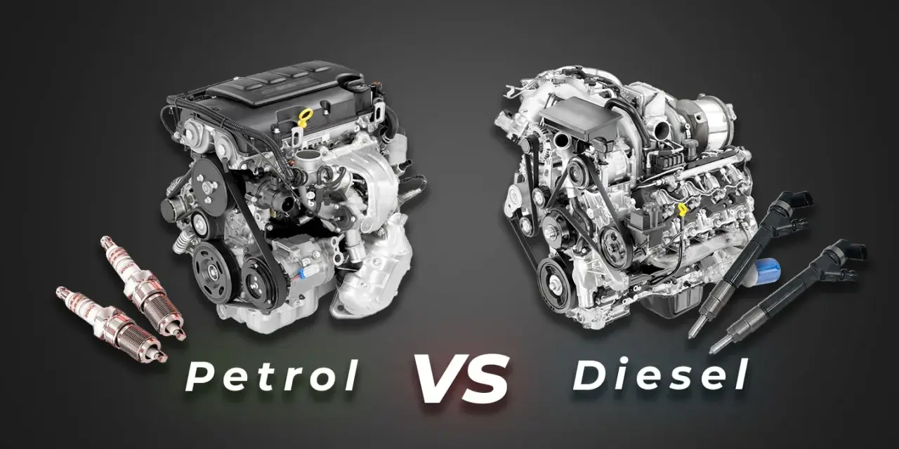 Motori a benzina e diesel a confronto. Il motore a destra, con gli iniettori, rappresenta un moderno diesel aspirato.