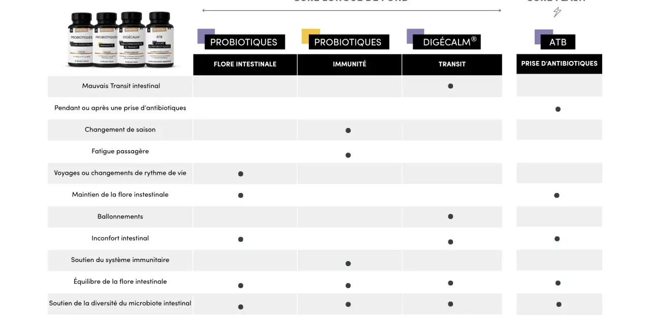 Tableau comparatif des cures probiotiques pour le transit, l'immunité et la flore intestinale. Idéal pour une cure longue ou flash.