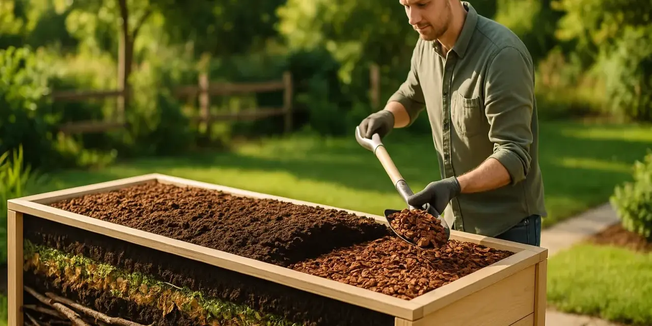 Mann schaufelt rindenmulch ins hochbeet. Die Schichten des Beetes sind sichtbar: Äste, Pflanzenreste, Erde und Mulch.