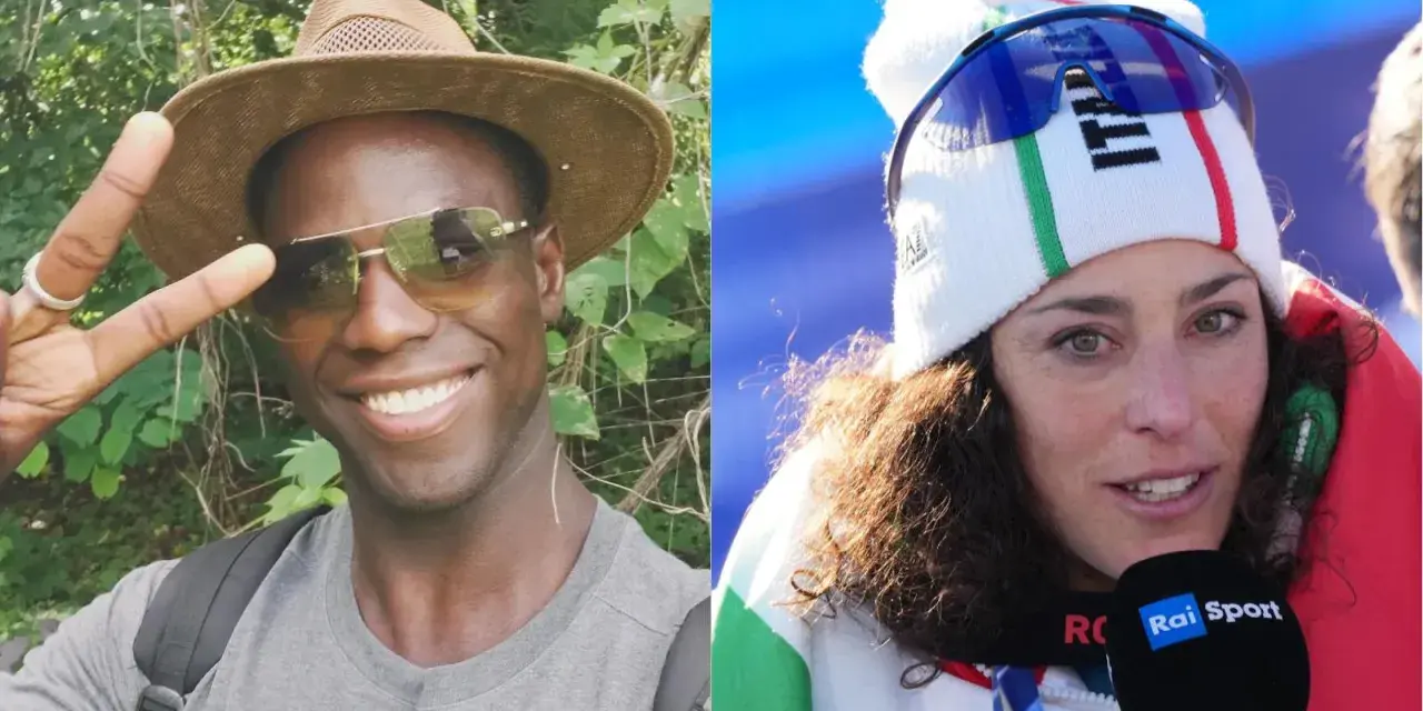 Federica Brignone sorride, mentre il suo fidanzato fa il segno della vittoria.