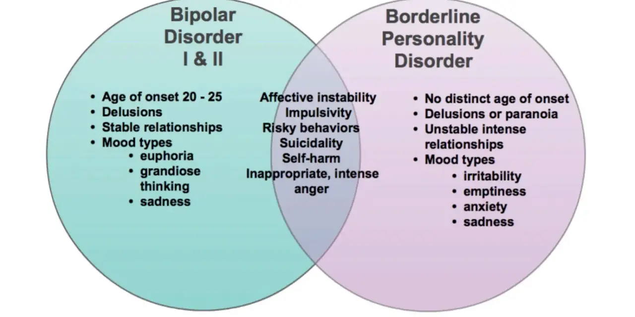 Venn-diagram som jämför bipolär sjukdom och borderline personlighetsstörning. Båda kan inkludera depression symtom som sorgsenhet.