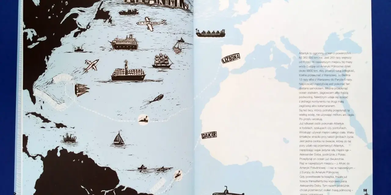 Mapa Atlantyku z trasami podróży: statki, samoloty, żaglowce, łodzie podwodne. Aleksander Doba przepłynął ocean dwukrotnie.