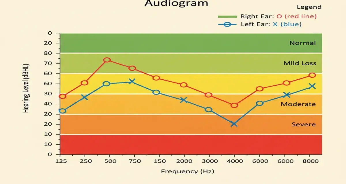 Audiogram montrant la formule décibel pour l'oreille droite (rouge) et gauche (bleu), indiquant différents niveaux de perte auditive.