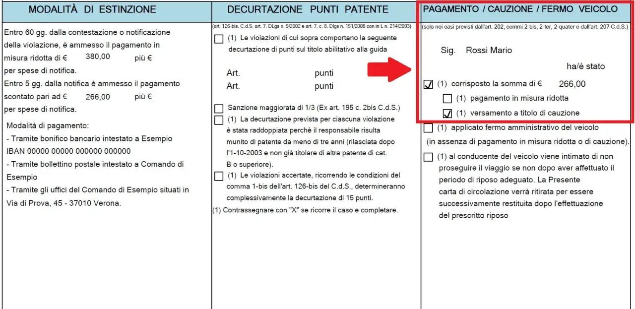 Pagamento di €266,00 per violazione art. 94 CDS, con versamento a titolo di cauzione.