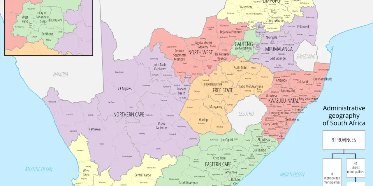 Mapa administracyjna RPA, pokazująca 9 prowincji i ich podział. Zobacz, rpa co to za kraj, na mapie!