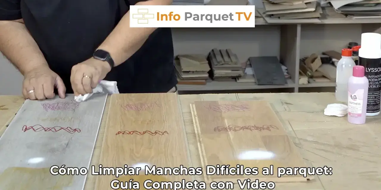 Hombre limpiando manchas de rotulador en un suelo de parquet. Guía para limpiar parquet.