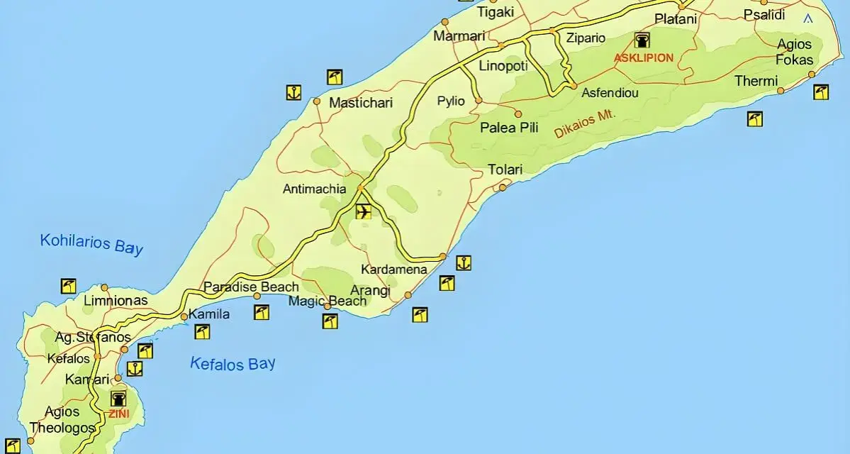 Mapa turystyczna greckiej wyspy Kos z zaznaczonymi miejscowościami, plażami i górami.