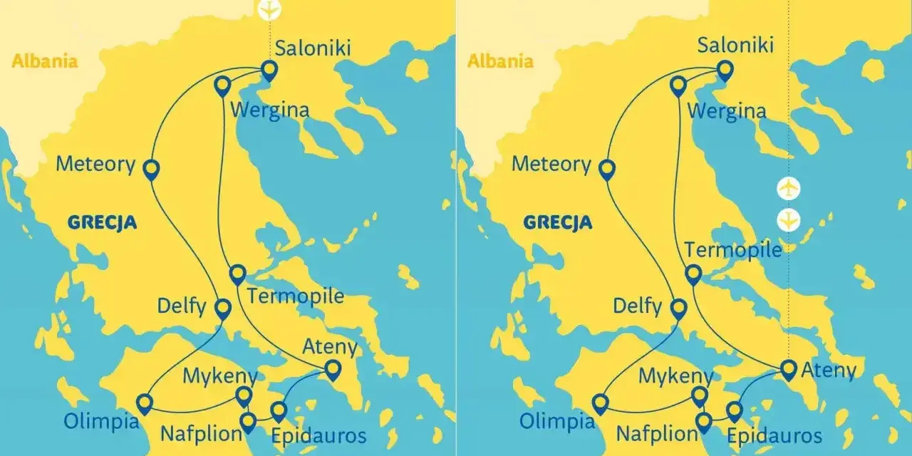 Trasa wycieczki po Grecji, obejmująca Saloniki, Meteory, Delfy, Termopile, Ateny, Mykeny, Epidauros, Nafplion, Olimpię i półwysep Peloponez.
