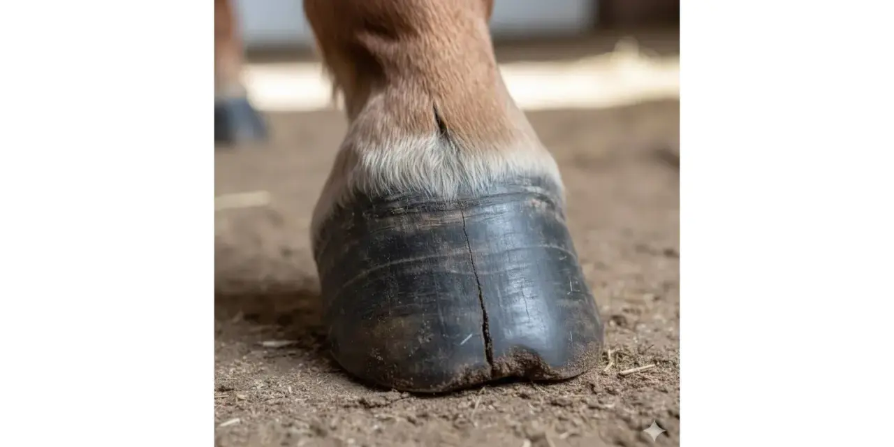 Gros plan sur le sabot noir d'un cheval, montrant une fissure visible. Le poil brun clair du cheval est visible au-dessus du sabot.