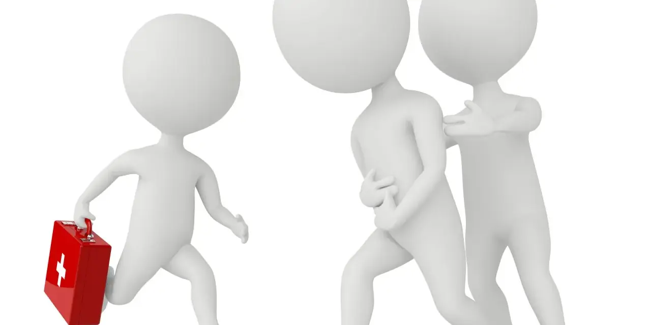 Trois personnages stylisés : un court avec une trousse de secours, un autre se tenant le ventre, et un troisième le soutenant.