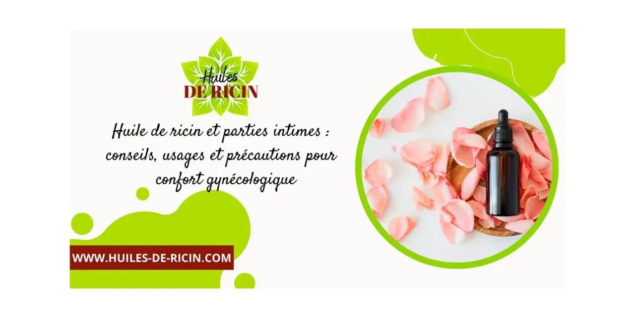 Flacone di olio di ricino su petali di rosa, con testo su consigli e usi per il comfort intimo.