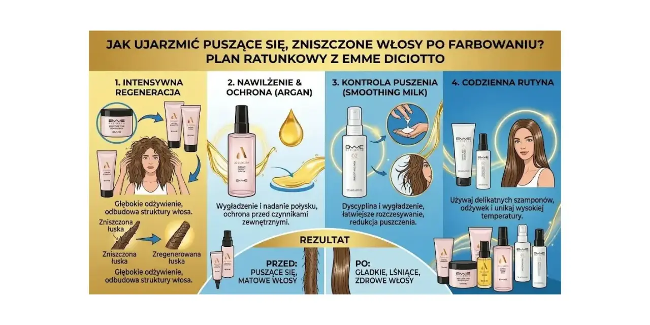Plan regeneracji włosów w domu: intensywna odbudowa, nawilżenie, kontrola puszenia i codzienna rutyna z Emme Diciotto.