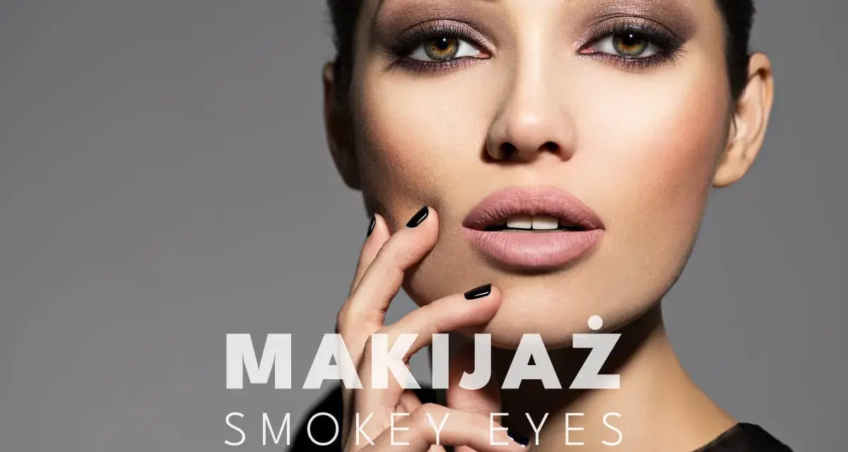 Kobieta z perfekcyjnym makijażem smokey eyes, zmysłowo dotyka ust.
