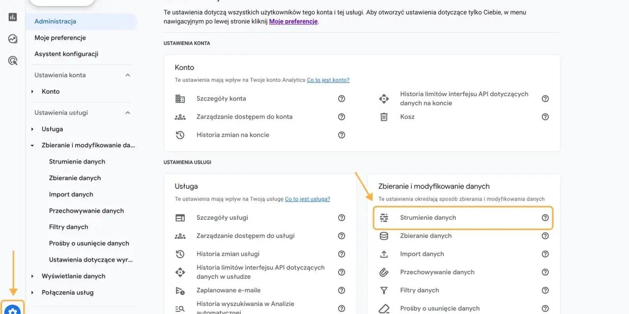 Panel administracyjny Google Analytics. Widoczny jest podział na ustawienia konta i usługi, a także opcje zbierania i modyfikowania danych, w tym strumienie danych.