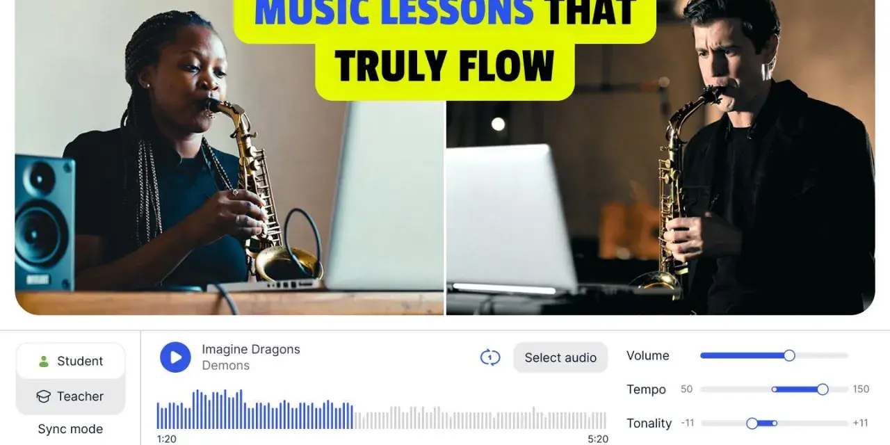 Kobieta i mężczyzna grają na saksofonie podczas lekcji online. Muzyka płynie!
