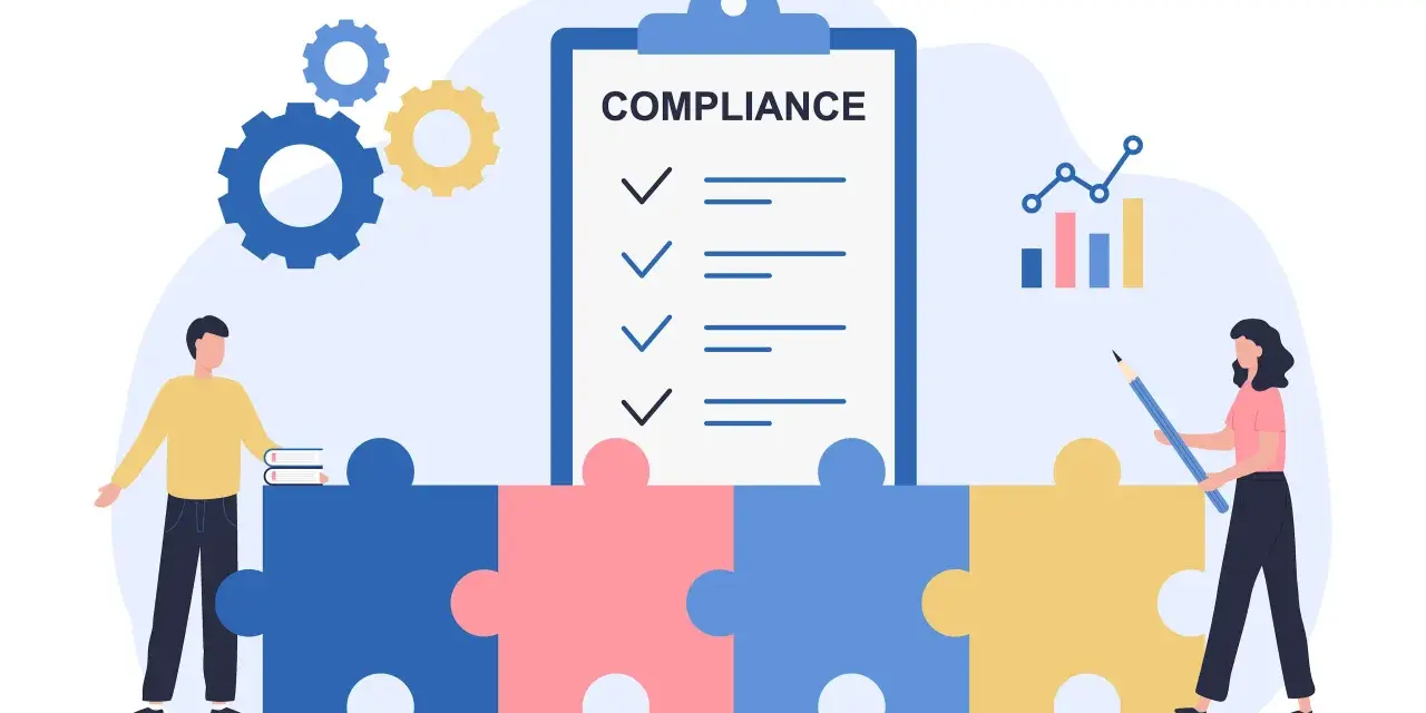 Puzzle pieces form a base for a compliance checklist, gears, and a graph, symbolizing the structured approach to social media compliance.