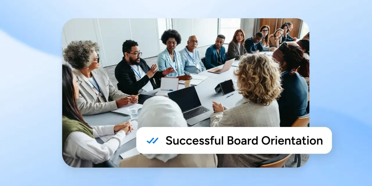 A diverse group of people are seated around a conference table, engaged in discussion during a new board member orientation.