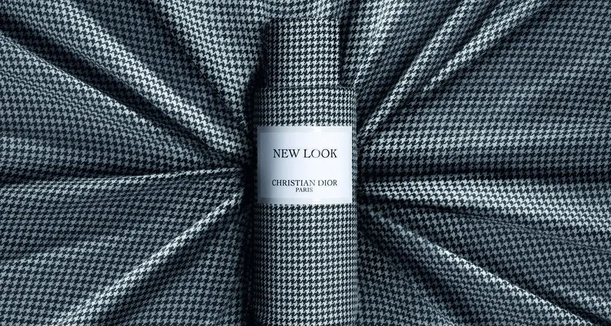 Flacone "New Look" Christian Dior, omaggio al fondatore, su tessuto pied-de-poule.