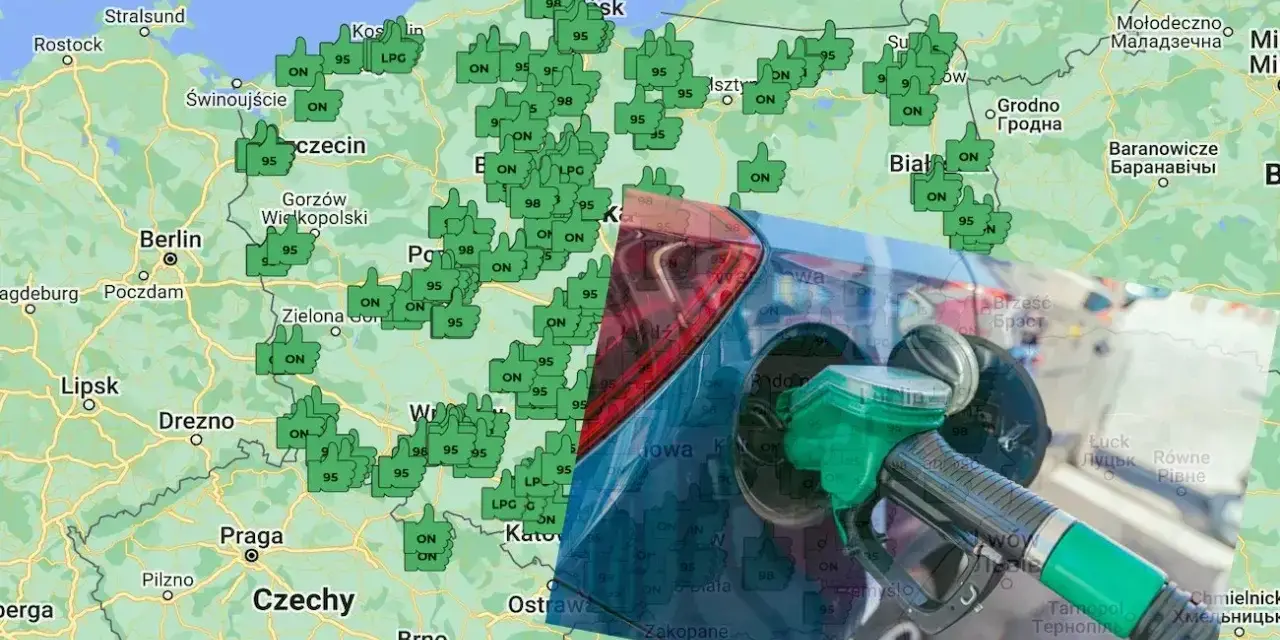Mapa Polski z zaznaczonymi stacjami paliw, gdzie można tankować CNG i LPG. Widoczny też pistolet do tankowania.