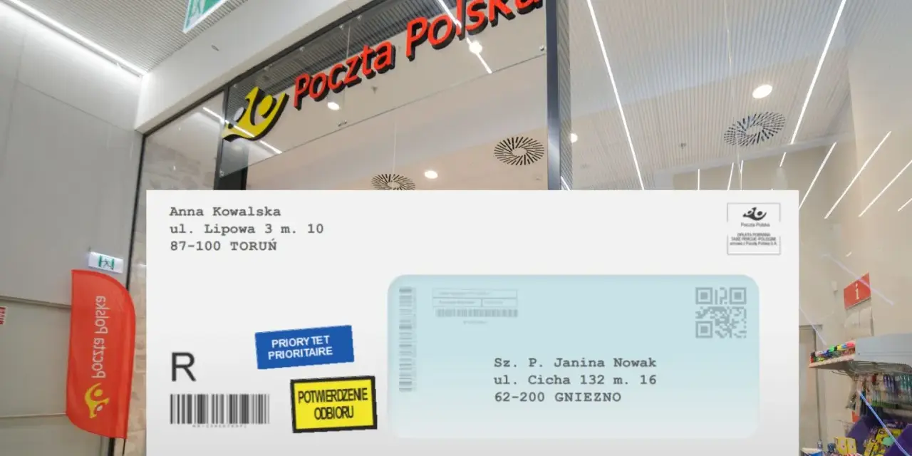Jak sprawdzić nadawcę listu poleconego po numerze? Na kopercie Poczty Polskiej widzimy adres nadawcy i odbiorcy, a także kody kreskowe i QR.