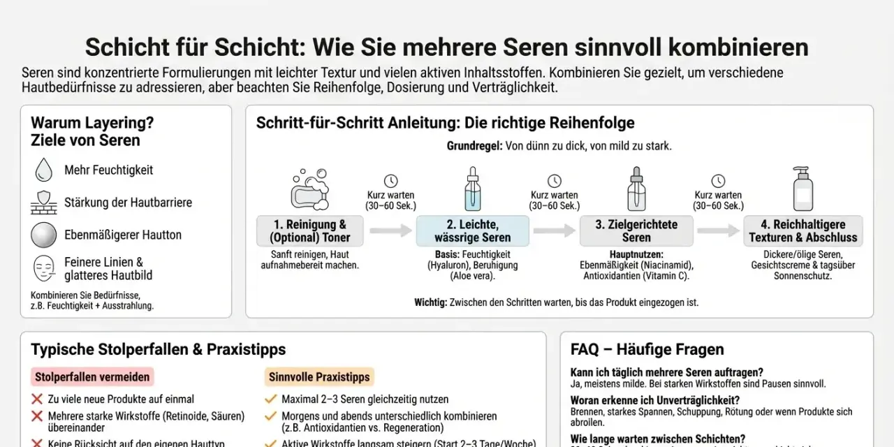 So können Sie mehrere Seren sinnvoll kombinieren: Von dünn zu dick, von mild zu stark. Layering für strahlende Haut.