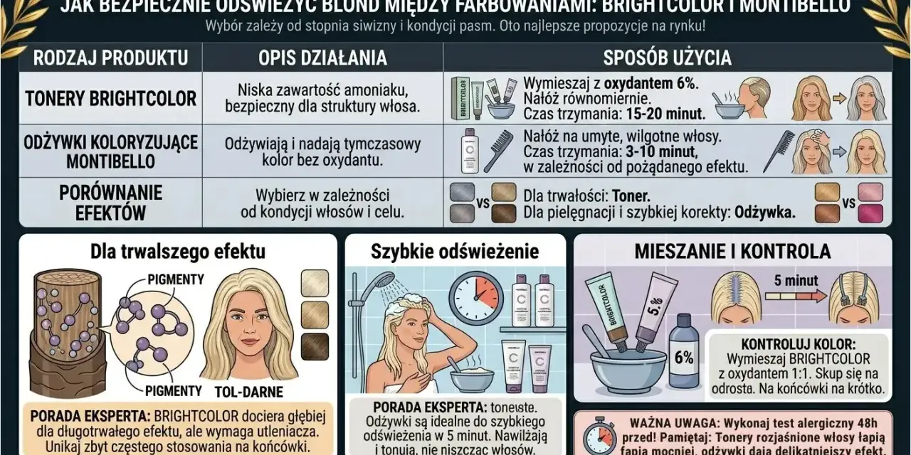 Porównanie tonerów i odżywek do włosów: BRIGHTCOLOR dla trwałego efektu, MONTIBELLO dla szybkiego odświeżenia. Różne cmr kolory i sposoby użycia.