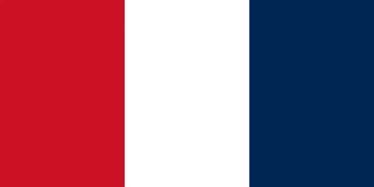Bandera tricolor: rojo, blanco y azul. Podría ser la primera bandera de Francia, símbolo de la Revolución.