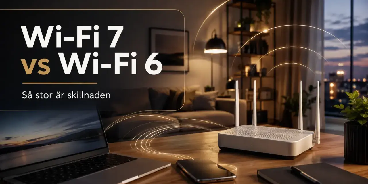 Wi-Fi 7 vs Wi-Fi 6: en jämförelse av trådlös teknik. En router med antenner på ett bord, bredvid en laptop och en mobiltelefon.