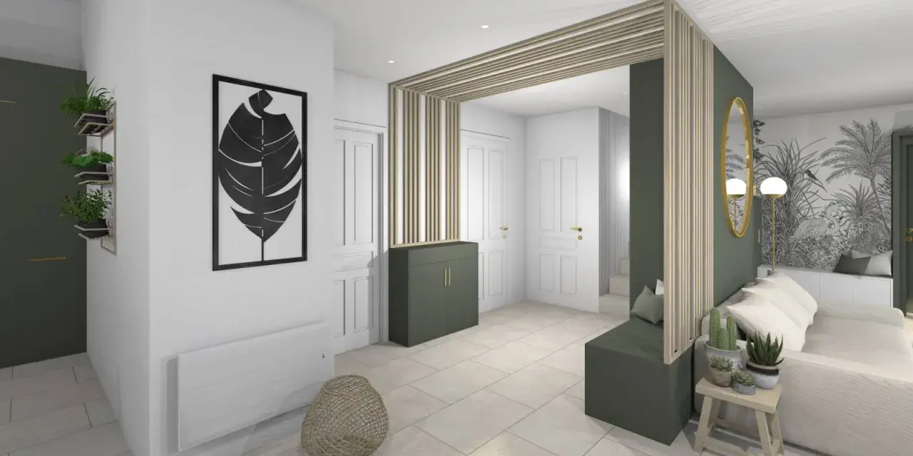 Une entrée accueillante pour créer une entrée dans le salon, avec un banc, une banquette et une décoration murale végétale.