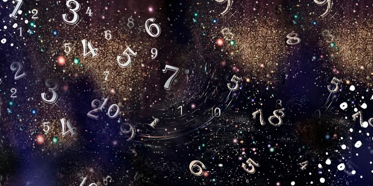 Liczby unoszące się w kosmicznej przestrzeni, sugerujące astrologię lub numerologię.