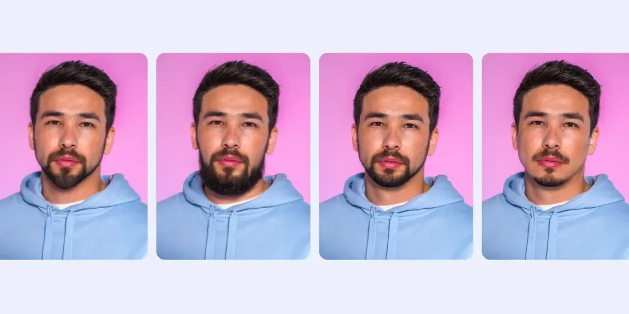 Hombre con diferentes tipos de barba para cara redonda: barba corta, poblada, de chivo y de tres días.