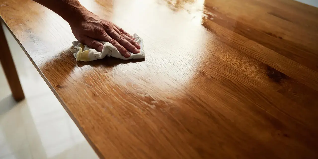 Mano che lucida un tavolo di legno con un panno, mostrando come ravvivare il legno vecchio con un trattamento che ne esalta la venatura.