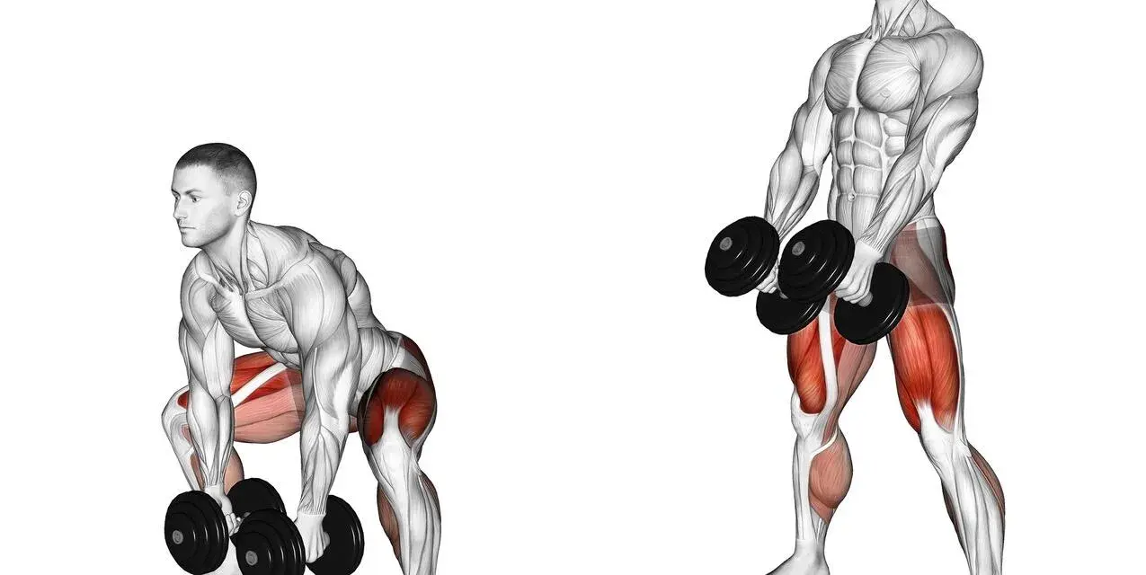 Homme faisant un soulevé de terre roumain avec haltères, ciblant le muscler interieur cuisse.