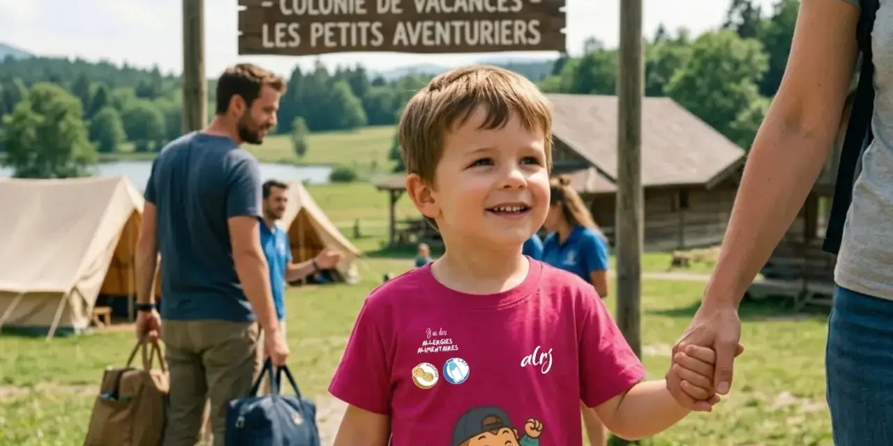 Un enfant souriant tient la main d'un adulte, devant une colonie de vacances. Sa définition de "pai" est claire : des vacances sans souci pour les allergies alimentaires.