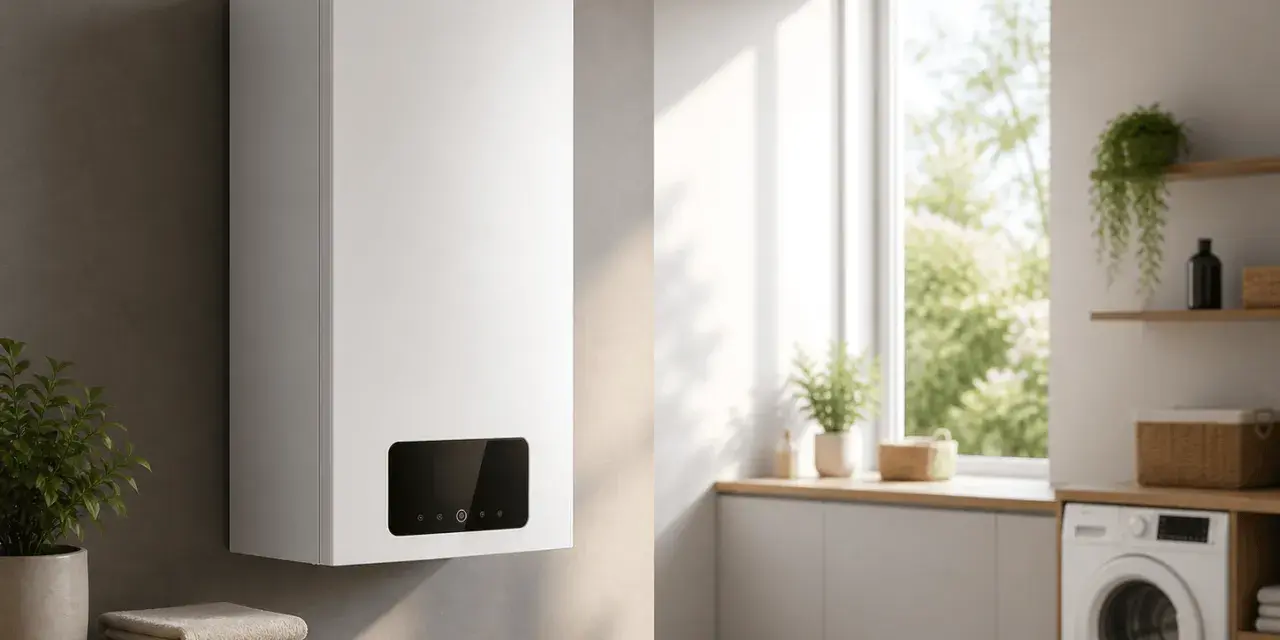 Boiler per acqua calda e riscaldamento, moderno e compatto, in un ambiente luminoso con lavatrice e piante.