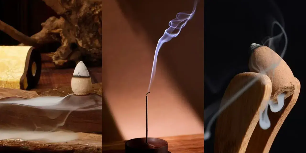 Tres escenas de incienso: un cono en madera, una varilla con humo ondulante y dos conos en un soporte. Aprende como apagar incienso.