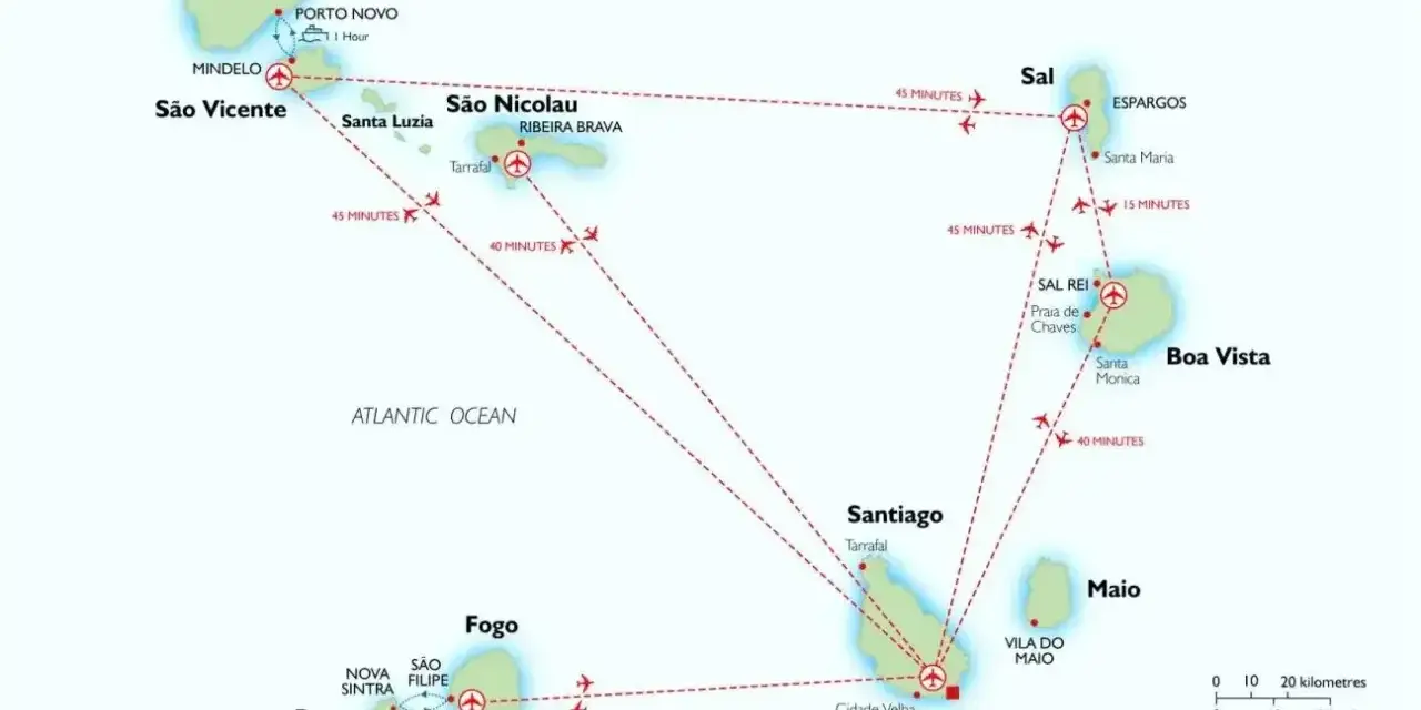 Mapa przedstawia wyspy Zielonego Przylądka na Oceanie Atlantyckim, z zaznaczonymi połączeniami lotniczymi między nimi.