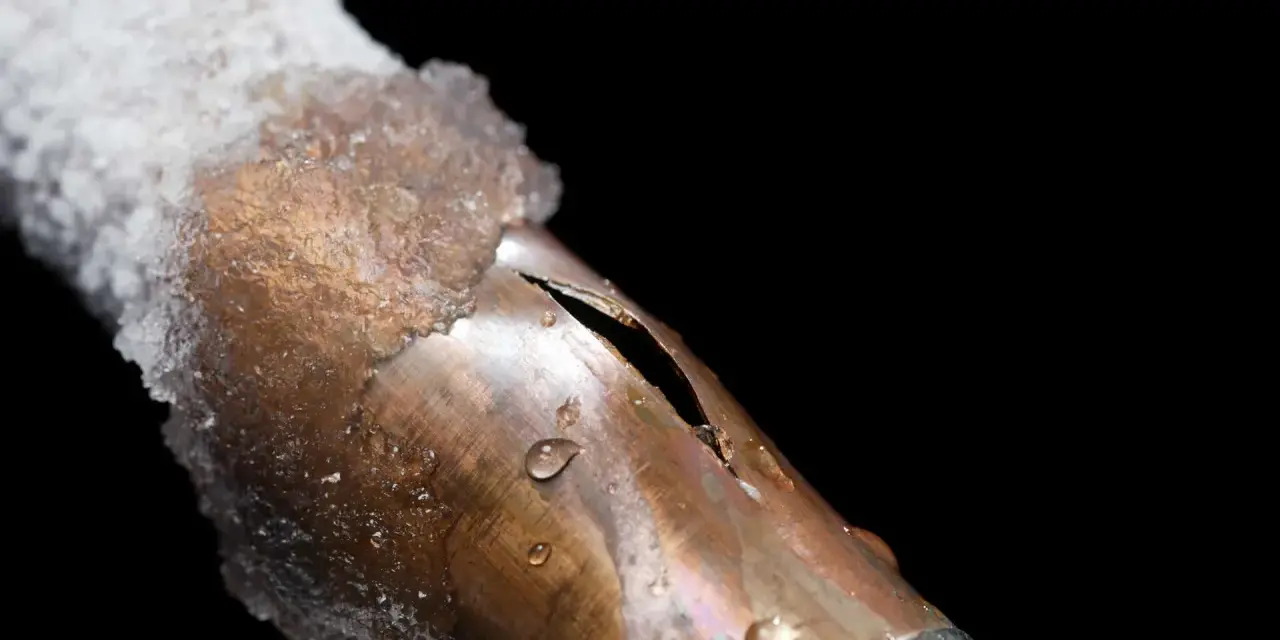 A copper pipe, partially covered in ice, shows a split from a frozen pipe repair. Water droplets cling to the damaged metal.