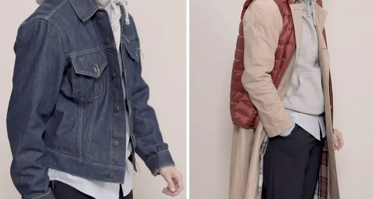 Dos looks de entretiempo: cazadora vaquera y sudadera, o gabardina, chaleco acolchado y sudadera.