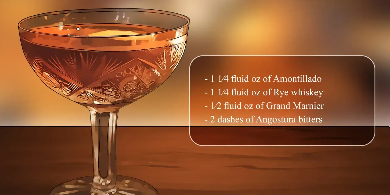 Ein eleganter Sherry-Cocktail, der zeigt, wie trinkt man Sherry: Amontillado, Rye Whiskey, Grand Marnier und Angostura.