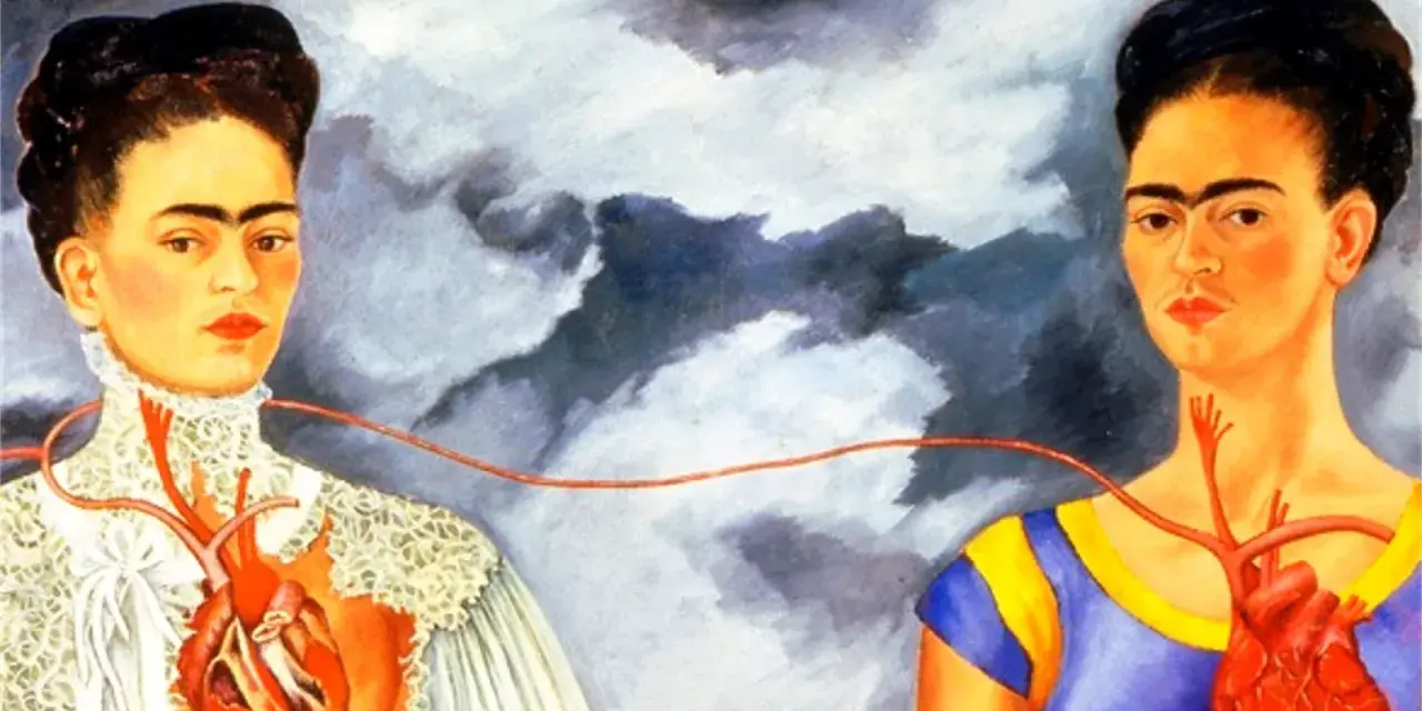 Les deux Fridas, deux portraits de l'artiste reliés par une artère, l'une en robe victorienne, l'autre en tenue colorée.