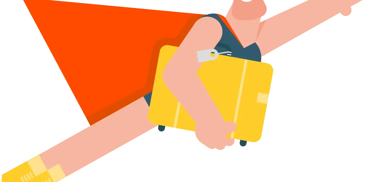 Cartoon man with orange cape and yellow boots flying with a yellow suitcase.