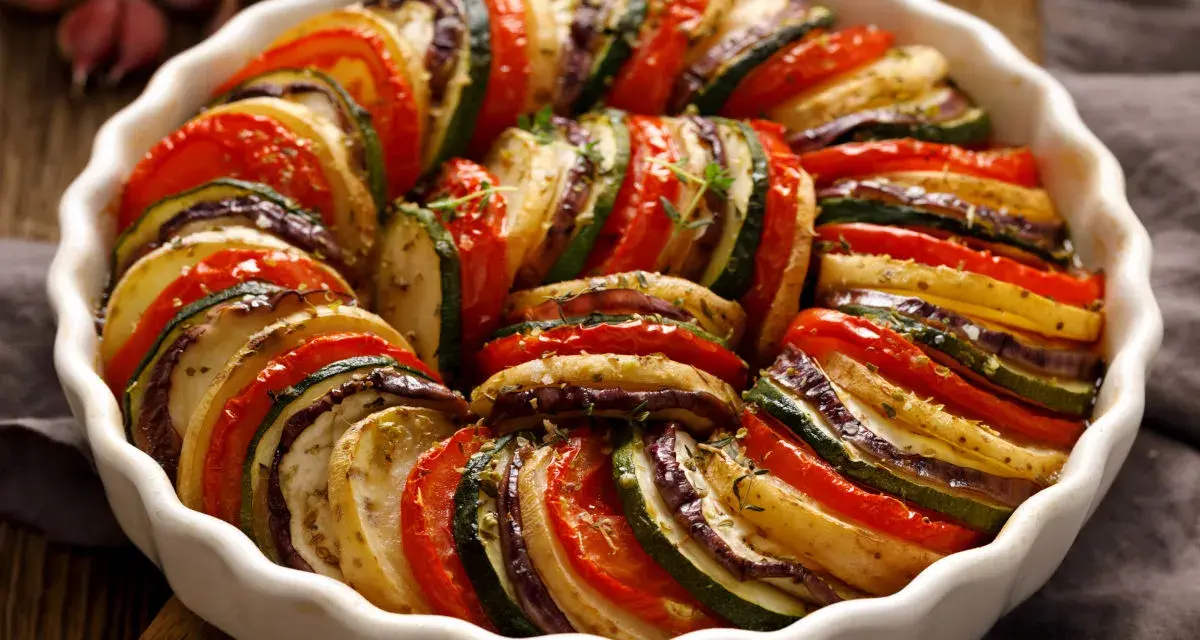 Ratatouille, un piatto estivo veloce e colorato, con fette alternate di pomodoro, zucchine, melanzane e patate disposte a spirale in una teglia bianca.